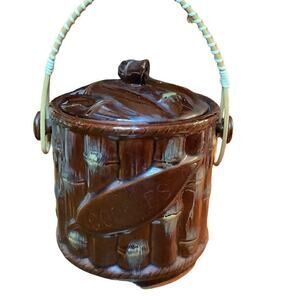 REDWARE 1960's Bamboo Cookie Biscuit Jar Rattan Handle JAPAN